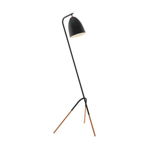 Westilinton gulvlampe i metal Sort og Kobber med fodafbryder, MAX 60W E27, diameter 42 cm, højde 148 cm.